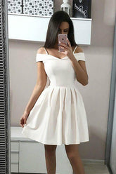 A-Line White Spaghetti Straps Satin Short Prom Dress Homecoming Dress