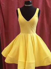 A-Line Yellow Satin Short Prom Dress Homecoming Dress