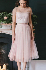 A-Line/Princess Tulle Short Sleeves Scoop Tea-Length Two Piece Dress