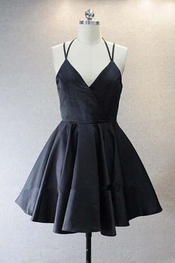A-Line V-Neck Satin Short Black Prom Dress Homecoming Dress