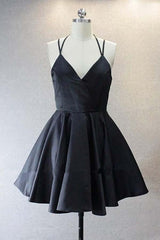 A-Line V-Neck Satin Short Black Prom Dress Homecoming Dress
