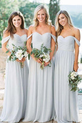Silver A-line Chiffon Off the Shoulder Beach Bridesmaid Dresses