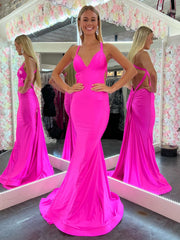 Mermaid Sheath Cute Pink V Neck Backless Satin Long Prom Dress