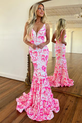 Cute Pink V Neck Sequin Lace Mermaid Sheath Prom Dress