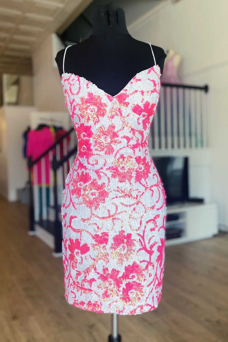 Cute Pink V Neck Sequins Bodycon Short Mini Cocktail Dress