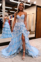 Light Blue Strapless Ruffle Ruched Long Prom Dress with Slit