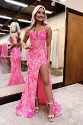 Cute Pink Sweetheart Sequins Lace Mermaid Sheath Prom Dresses with Slit