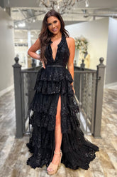 Black Tulle Appliqued Halter Ruffle Ruched Long Prom Dress