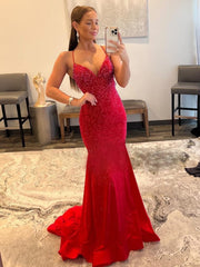 Mermaid Sheath V Neck Red Glitter Satin Prom Dress