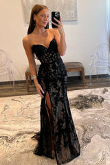 Mermaid Sheath Strapless Lace Prom Dress with Slit