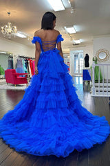 Royal Blue Off the Shoulder Ruffle Ruched Tulle Long Prom Dresses with Slit