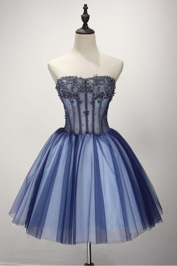 Ball Gown Strapless Short Tulle Homecoming Dress with Beading