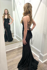 Black V Neck Satin Mermaid Sheath Long Prom Dresses with Slit