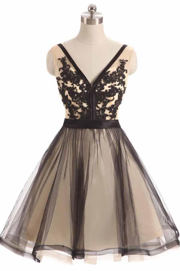 Black Tulle Lace V-Neck Short Prom Dress Homecoming Dress