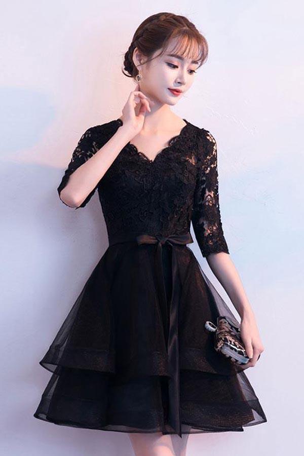Black Lace Tulle V Neck Short Prom Dress Black Homecoming Dress
