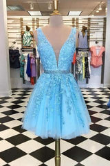 Blue Appliqued Beaded Sleeveless A-Line Tulle Short Homecoming Dress