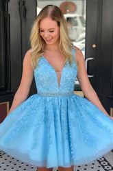 Blue Appliqued Beaded Sleeveless A-Line Tulle Short Homecoming Dress