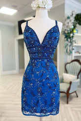 Blue Floral Lace Beaded Lace-Up Back Homecoming Cocktail Dress