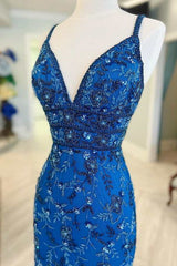 Blue Floral Lace Beaded Lace-Up Back Homecoming Cocktail Dress