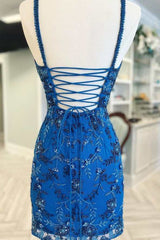 Blue Floral Lace Beaded Lace-Up Back Homecoming Cocktail Dress