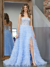Sky Blue A-Line Ruched Sequins Tulle Long Prom Dress