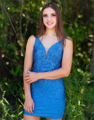 Bodycorn Blue Beaded Plunging Short Homecoming Dress