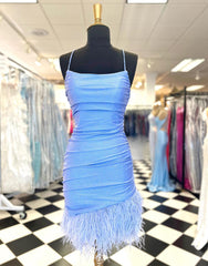 Bodycon Blue Homecoming Dress with Feathers