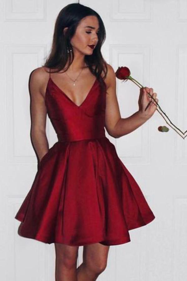 Burgundy Cute Simple Spaghetti Straps Homecoming Dress Party Dress