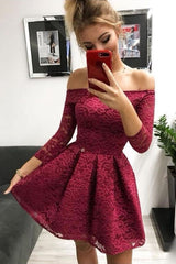 Burgundy Lace Off-The-Shoulder Long Sleeves Homecoming Dress