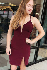 Burgundy Split Short Prom Homecoming Dress with Criss Cross Back