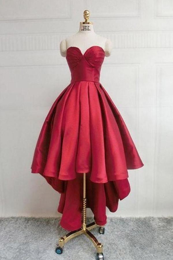 Burgundy Sweetheart Satin High Low Homecoming Dress Short Prom Dress