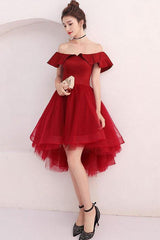 Burgundy Tulle Off-The-Shoulder Short Prom Dress Burgundy Homecoming Dress
