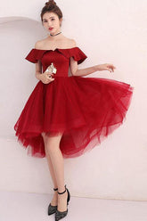 Burgundy Tulle Off-The-Shoulder Short Prom Dress Burgundy Homecoming Dress