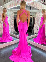 Mermaid Sheath Cute Pink V Neck Backless Satin Long Prom Dress