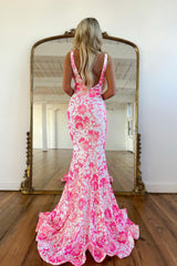 Cute Pink V Neck Sequin Lace Mermaid Sheath Prom Dress