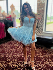 A-Line V Neck Short Tulle Homecoming Dress