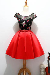 Cap Sleeve Red and Black Cute Homecoming Short Prom Dress