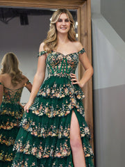 Green Crystal Sequins Princess A Line Off the Shoulder Prom Dress with Lace Ruffles