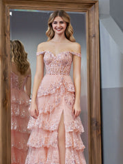 Cute Cute Pink Princess A Line Off the Shoulder Corset Prom Dress with Lace Ruffles