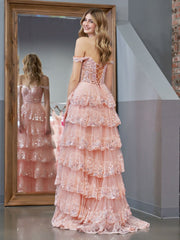 Cute Cute Pink Princess A Line Off the Shoulder Corset Prom Dress with Lace Ruffles
