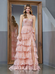 Cute Pink Princess A Line Off the Shoulder Corset Prom Dress with Lace Ruffles