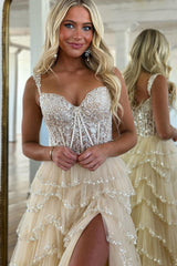 A-Line Sweetheart Champagne Tulle Prom Dresses with Appliqued