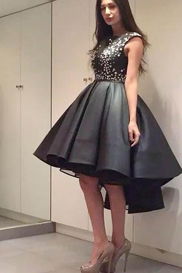 Chic Modern Sparkling Beaded High Low Black Organza Homecoming Dress