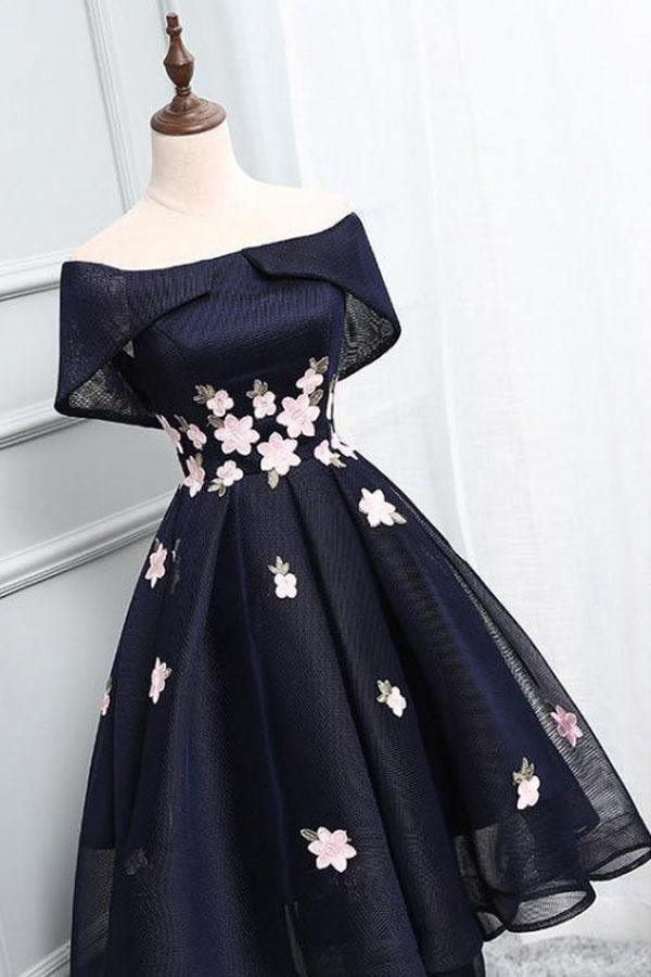Chic Off-The-Shoulder Appliqued Short High Low Homecoming Dress