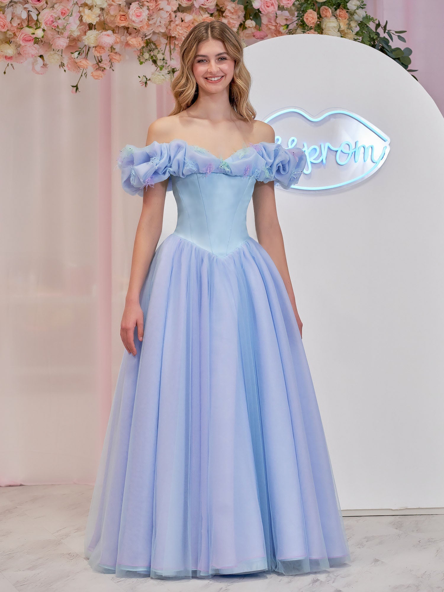 Cinderella Blue Tulle Off the Shoulder With Crystals & Butterflies Ball Gown