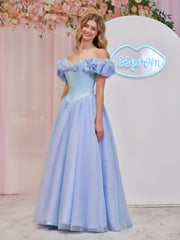 Cinderella Blue Tulle Off the Shoulder With Crystals & Butterflies Ball Gown