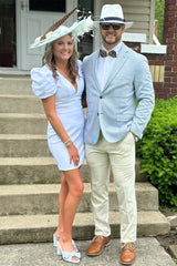 Cobalt Blue Plunge V Bodycorn Short Dress with Puff Sleeves