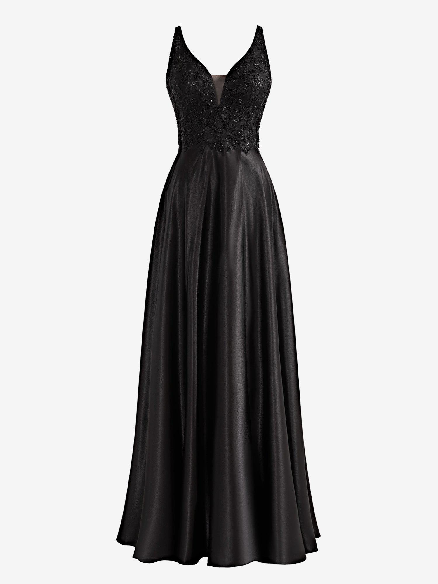 Black A-Line V-Neck Satin Prom Dress with Slit