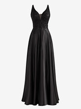 Black A-Line V-Neck Satin Prom Dress with Slit