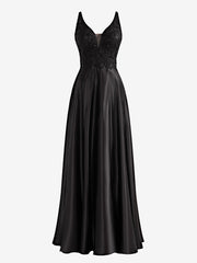 Black A-Line V-Neck Satin Prom Dress with Slit